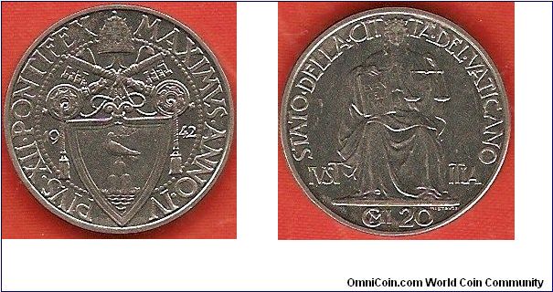 20 centesimi
Pius XII Anno IV
Iustitia
stainless steel
mintage 125,000