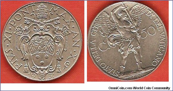 50 centesimi
Pius XI Anno X
Archangel Michael
nickel
mintage 80,000