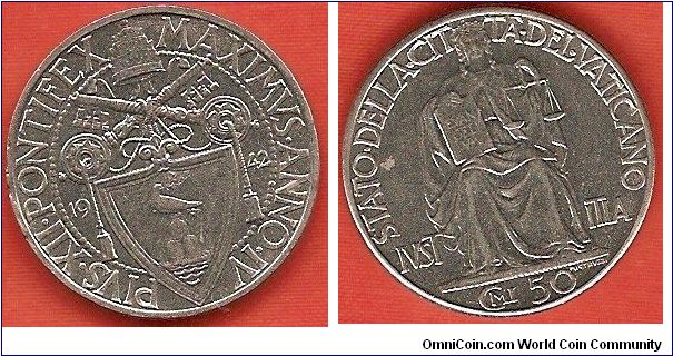 50 centesimi
Pius XII Anno IV
Iustitia
stainless steel
mintage 180,000