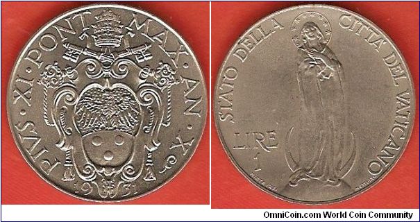 1 lira
Virgin Mary
Pius XI Anno X
nickel
mintage 80,000