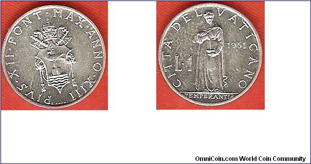 1 lira
Pius XII Anno XIII
Temperantia
aluminum
mintage 400,000