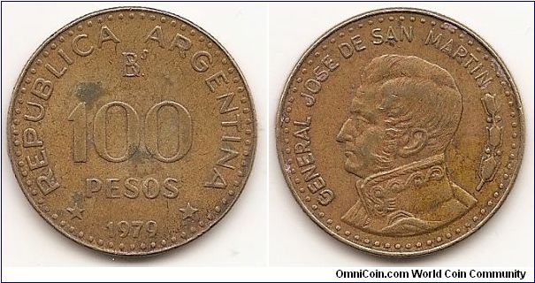 100 Pesos
KM#85
7.9000 g., Aluminum-Bronze, 27.3 mm. Obv: Value at center, small mark at top, date at bottomRev: Jose de San Martín portrait left 