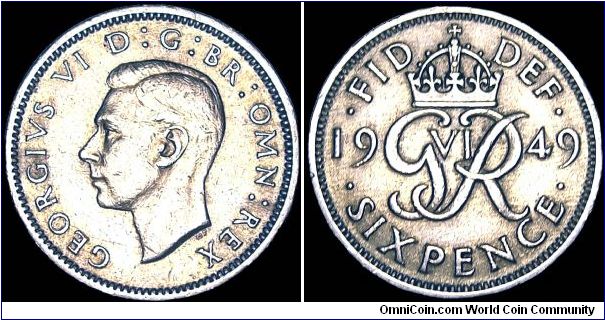 United Kingdom - 6 Pence - 1949 - Weight 2,8 gr - Copper / Nickel - Size 19,5 mm - Regent / George VI - Designer / T.H. Paget - Mintage 41 336 000 - Edge : Reeded - Reference KM# 875