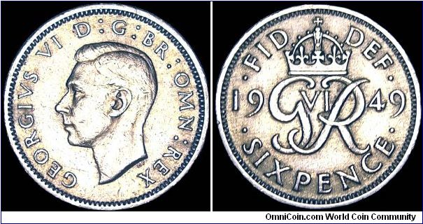 United Kingdom - 6 Pence - 1949 - Weight 2,8 gr - Copper / Nickel - Size 19,5 mm - Regent / George VI - Designer / T.H. Paget - Mintage 41 336 000 - Edge : Reeded - Reference KM# 875