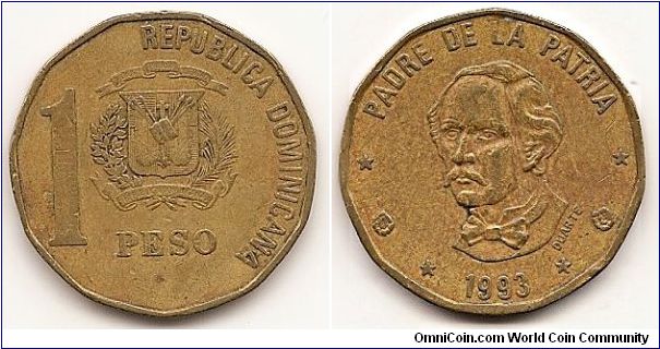 1 Peso
KM#80.2
Copper-Zinc, 25 mm. Subject: Juan Pablo Duarte Obv: National arms and denomination Rev: DUARTE below bust, date below Note: Coin die alignment.