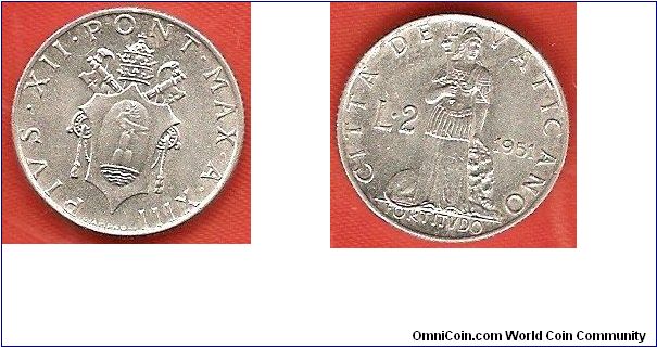 2 lire
Pius XII Anno XIII
Fortitudo
aluminum
mintage 400,000