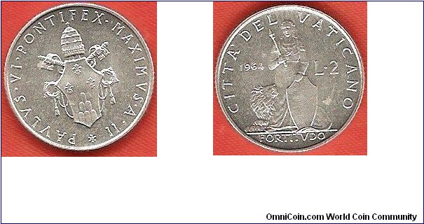 2 lire
Paulus VI Anno II
Fortitudo
aluminum
mintage 60,000