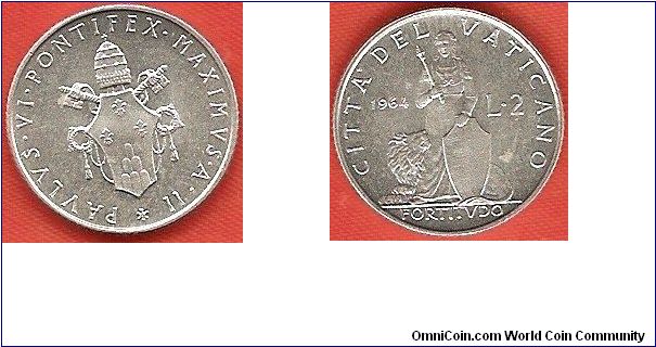 2 lire
Paulus VI Anno II
Fortitudo
aluminum
mintage 60,000