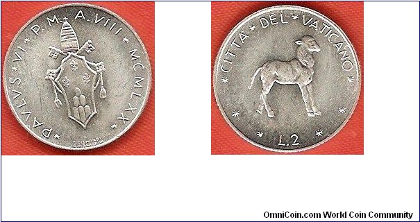 2 lire
Paulus VI Anno VIII
Lamb
aluminum
mintage 100,000