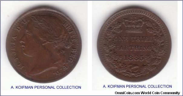 KM-750, 1885 Great Britain 1/3 farthing; bronze, plain edge; uncirculated or so deep brown