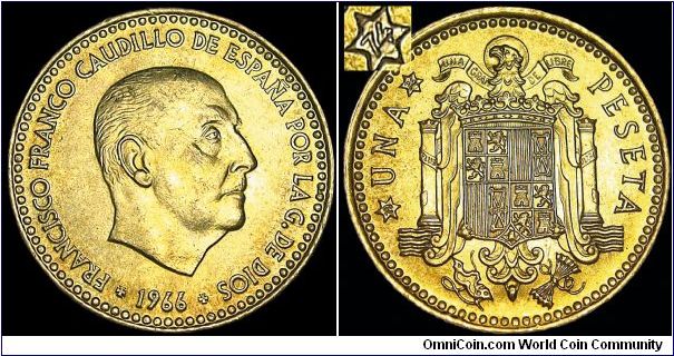 Spain - Pesetas - 1966 (1974) - The actual year of production of this coin is 1974 - Weight 3,4 gr - Aluminum / Bronze - Size 21 mm - Ruler / Francisco Franco - Mintage (1974) 181 000 000 - Edge : Reeded - Reference KM# 796