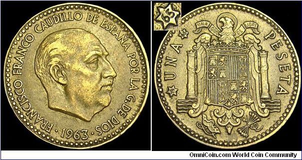 Spain - Pesetas - 1963 (1965) - The actual year of production of this coin is 1965 - Weight 3,4 gr - Aluminum / Bronze - Size 21 mm - Ruler / Francisco Franco - Mintage (1965) 70 000 000 - Edge : Reeded - Reference KM# 775 (1948-67)