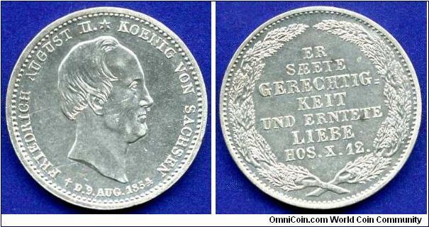 Postmortem 1/6 Thaler (5 neu groschen).
Kingdom of Saxony.
Death of King Friedrich August II (1836-1854), 9 august 1854.
Mintage 521,000 units.


Ag521f. 5,34gr.