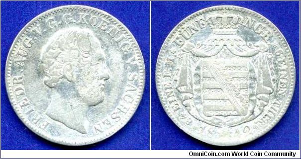 1/6 Thaler (5 neu groschen).
Kingdom of Saxony.
King Friedrich August II (1836-1854).
Mintage 1,322,000 units.


Ag521f. 5,34gr.