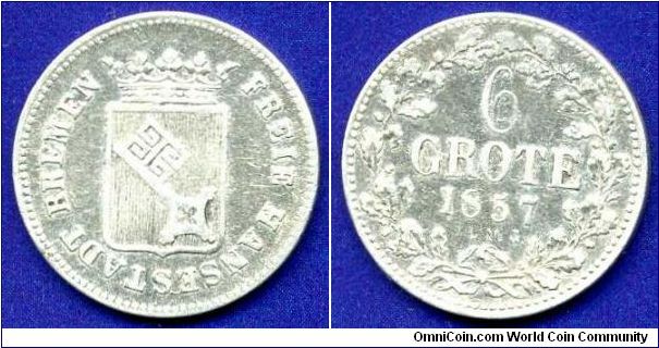 6 grote.
Freie Hansestadt Bremen.
Mintage 311,000 units.


Ag494f. 2,92gr.