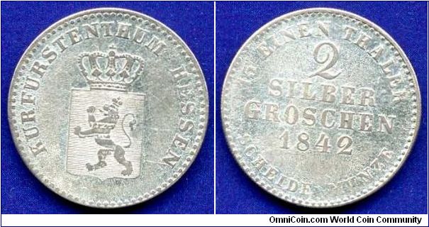 2 silber groschen (1/15 Thaler).
Hessen-Kassel.
Wilhelm II (1821-1847).
Mintage 2,414,000 units.


Ag375f. 2,61gr.