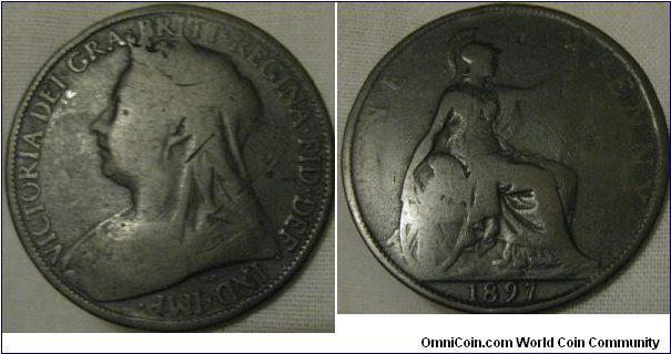 1897 penny worn, normal date
