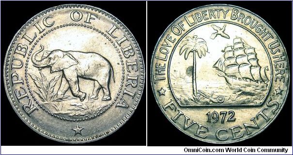 Liberia - 5 Cent - 1972 - Weight 4,1 gr - Copper / Nickel - Size 20 mm - President / William Richard Tolbert - Mintage 3 004 866 - Reference KM# 14