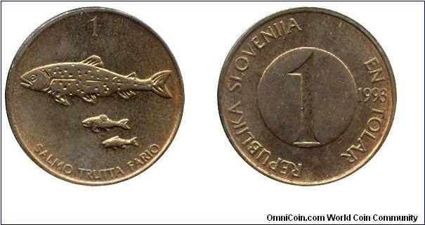 Slovenia, 1 tolar, 1993, Brass, 22mm, 4.5g, Salmo trutta fario, Brown Trout.                                                                                                                                                                                                                                                                                                                                                                                                                                        