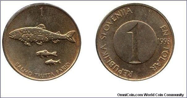 Slovenia, 1 tolar, 1993, Brass, 22mm, 4.5g, Salmo trutta fario, Brown Trout.                                                                                                                                                                                                                                                                                                                                                                                                                                        