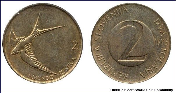 Slovenia, 2 tolars, 1993, Brass, 24mm, 5.4g, Hirundo rustica, Swallow.                                                                                                                                                                                                                                                                                                                                                                                                                                              