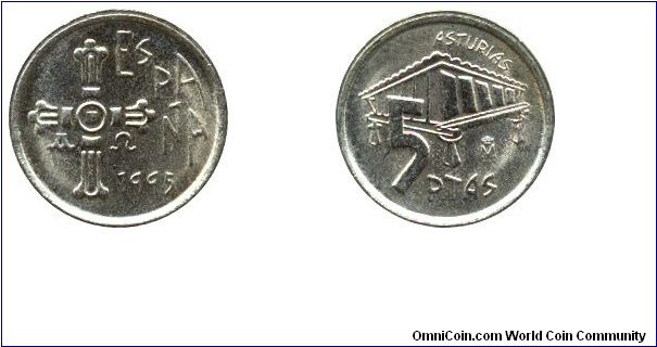 Spain, 5 pesetas, 1995, Ni-Brass, Asturias.                                                                                                                                                                                                                                                                                                                                                                                                                                                                         