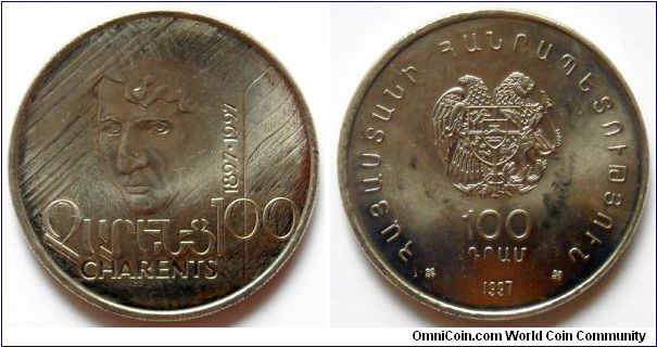 100 drams.
1997, Yeghishe Charents.
Copper-nickel.
Weight 10,80g. Diameter 28,50mm.