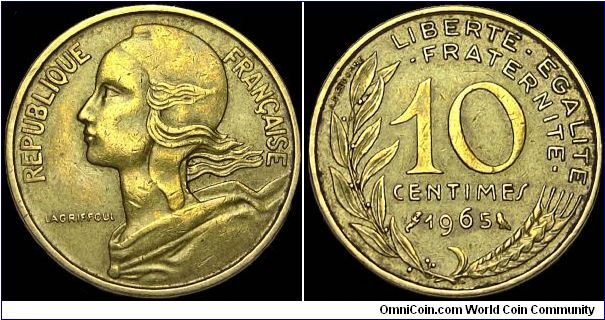 France - 10 Centimes - 1965 - Weight 3,0 gr - Aluminum / Bronze - Size 20 mm - President / Charles André Joseph Marie De Gaulle (1959-69) - Designer Obverse / Henri Lagriffoul - Designer Reverse / Adrien Dieudonne - Mintage 41 220 000 - Edge : Plain - Reference KM# 929 (1962-2000)