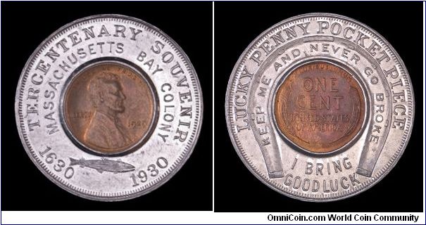 Massachusetts Bay Tercentennary Good Luck Piece / Encased Cent