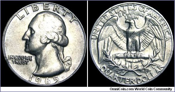 USA - Washington Quarter Dollar - 1965 - Weight 5,67 gr - Copper / Nickel Clad Copper - Size 24,3 mm - President / Lyndon B. Johnson - Designer / John Flanagan - Mintage 1 819 717 540 - Edge : Reeded - Reference KM# 164a (1965-71)
