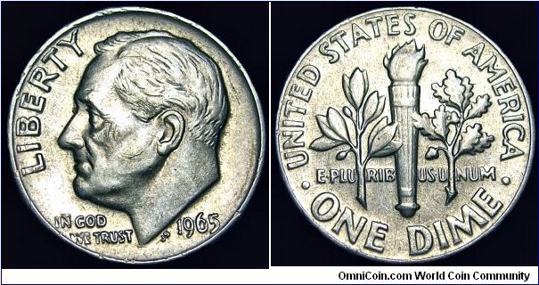 USA - Roosevelt Dime - One Dime - 1965 - Weight 2,27 gr - Copper / Nickel Clad Copper - Size 17,9 mm - President / Lyndon Baines Eisenhower - Designer / John R. Sinnock - Mintage 1 652 140 570 - Edge : Reeded - Reference KM# 195a