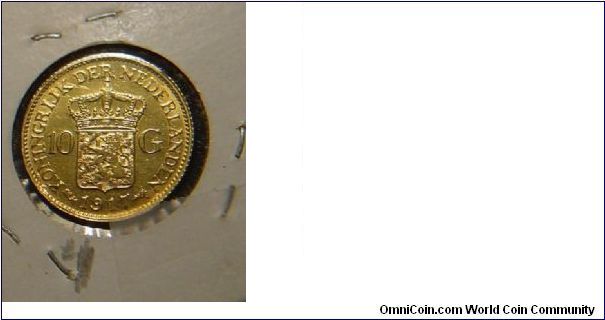 Netherlands , 10 Gulden 1917 , Wilhelmina
0.900 GOLD