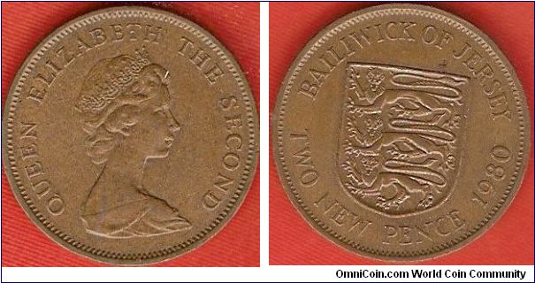 2 new pence
state shield of Jersey
Elizabeth II by Arnold Machin
bronze