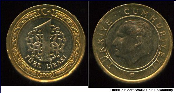 1 Lira
Value, Intricate motif
Ataturk's profile 
Crescent & star, value
