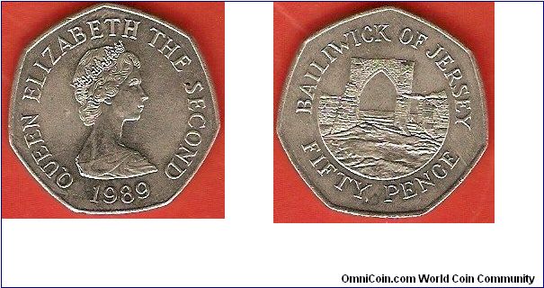 50 pence
Grosnez Castle 
Elizabeth II by Arnold Machin
copper-nickel