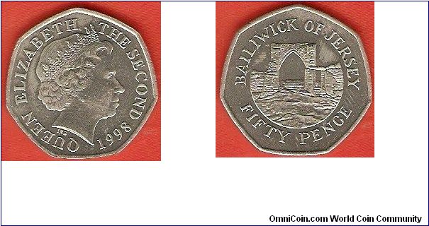 50 pence
Grosnez Castle 
Elizabeth II by Ian Rank-Broadley
copper-nickel
