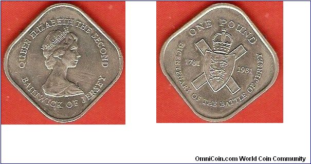 1 pound
Bicentennial of Battle of Jersey 1781-1981
Elizabeth II by Arnold Machin
copper-nickel
square coin