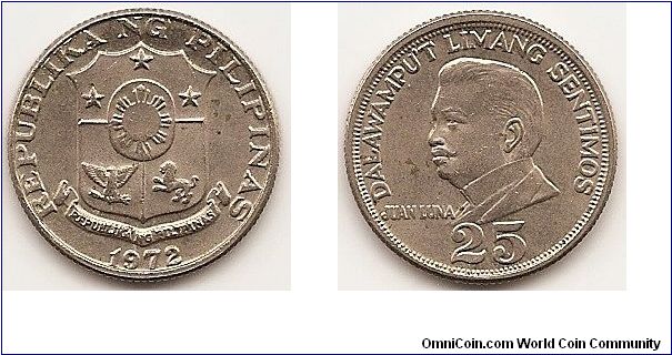 25 Sentimos
KM#199
4.0000 g., Copper-Zinc-Nickel, 21 mm. Obv: Shield of arms Rev: Head left