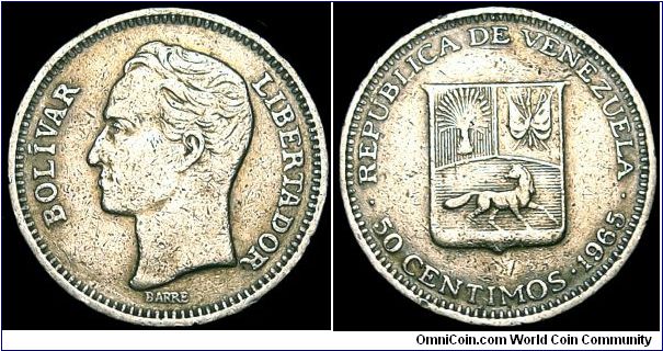 Venezuela - 50 Centimos - 1965 - Weight 3,4 gr - Nickel - Size 20 mm - President / Raul Leoni Otero - Designer / Albert Barre - Mintage 180 000 000 - Edge : Reeded - Reference Y# 41