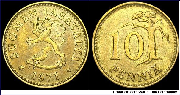 Finland - 10 Pennia - 1971 - Weight 3 gr - Aluminum / Bronze - Size 20 mm - President / Urho Kaleva Kekkonen - Designer / Peippo Uolevi Helle - Mintage 15 026 000 - Edge : Reeded - Reference KM# 46