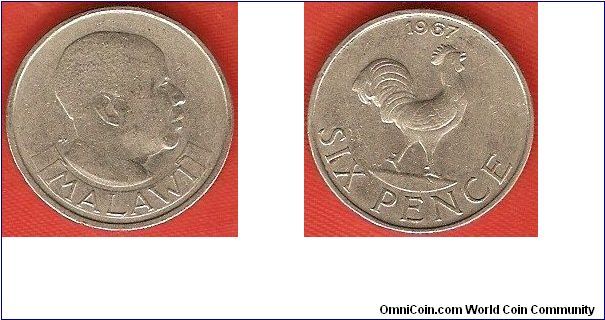 6 pence
President Hastings Kamuzu Banda
Rooster
copper-nickel-zinc