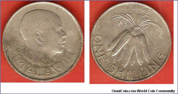 1 shilling
President Hastings Kamuzu Banda
bundled corncobs
copper-nickel-zinc