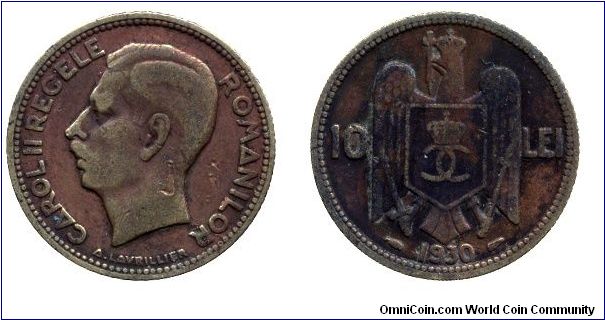 Romania, 10 lei, 1930, Ni-Brass, King Carol II.                                                                                                                                                                                                                                                                                                                                                                                                                                                                     