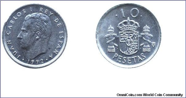 Spain, 10 pesetas, 1992, Cu-Ni, King Juan Carlos I.                                                                                                                                                                                                                                                                                                                                                                                                                                                                 