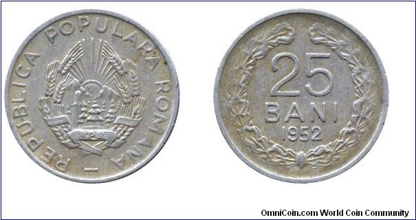 Roamnia, 25 bani, 1952, Cu-Ni, People's Republic of Romania, without star.                                                                                                                                                                                                                                                                                                                                                                                                                                          