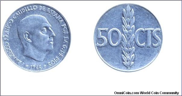 Spain, 50 centimos, 1968 (1966+2), Al, Franco.                                                                                                                                                                                                                                                                                                                                                                                                                                                                      