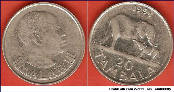 20 tambala
President Hastings Kamuzu Banda
Elephants
nickel clad steel