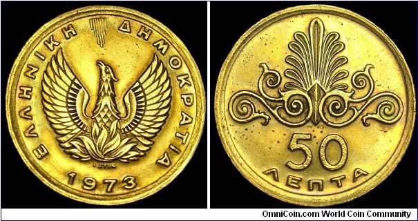 Greece - 50 Lepta - 1973 - Weight 2,4 gr - Nickel / Brass - Size 18 mm - Regent / Konstantinos II - Mintage 55 231 898 - Edge : Reeded - Reference KM# 106