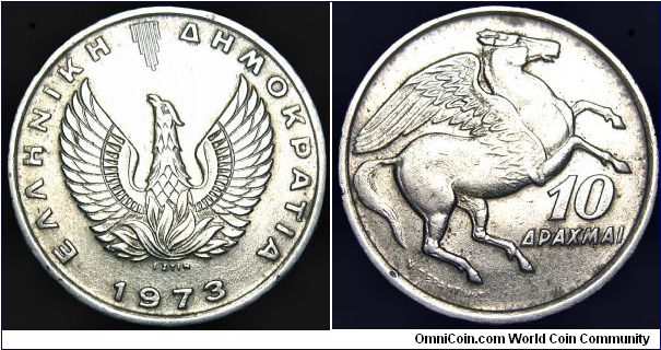 Greece - 10 Drachmai - 1973 - Weight 7,6 gr - Copper / Nickel - Size 27 mm - Regent / Konstantinos II - Mintage 22 599 848 - Edge : Reeded - Reference KM# 110