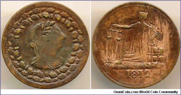 Canada Light Weight Tiffin Token 1812 Brass, LC-48C3. High grade Red & Brown weak struck AU. Scarce this nice.